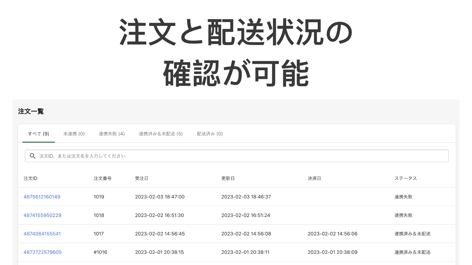 注文と配送状況の確認が可能