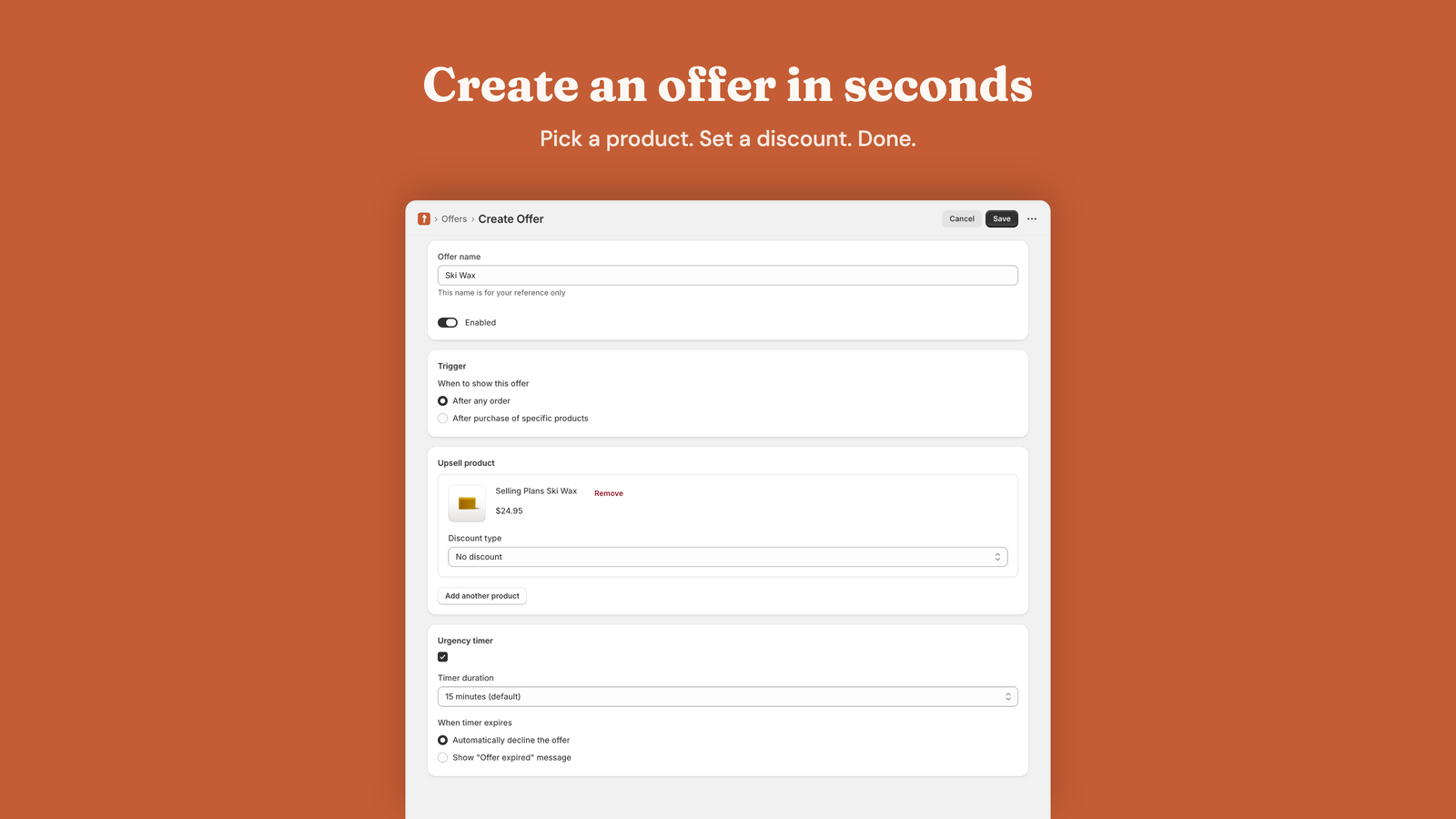 Simple form to create a post-purchase upsell offer