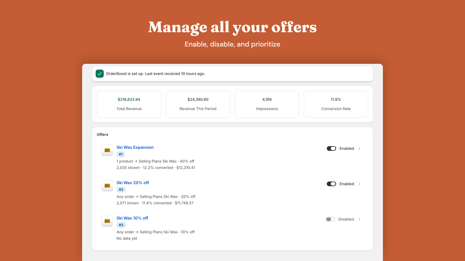 Dashboard with all upsell offers and enable/disable toggles