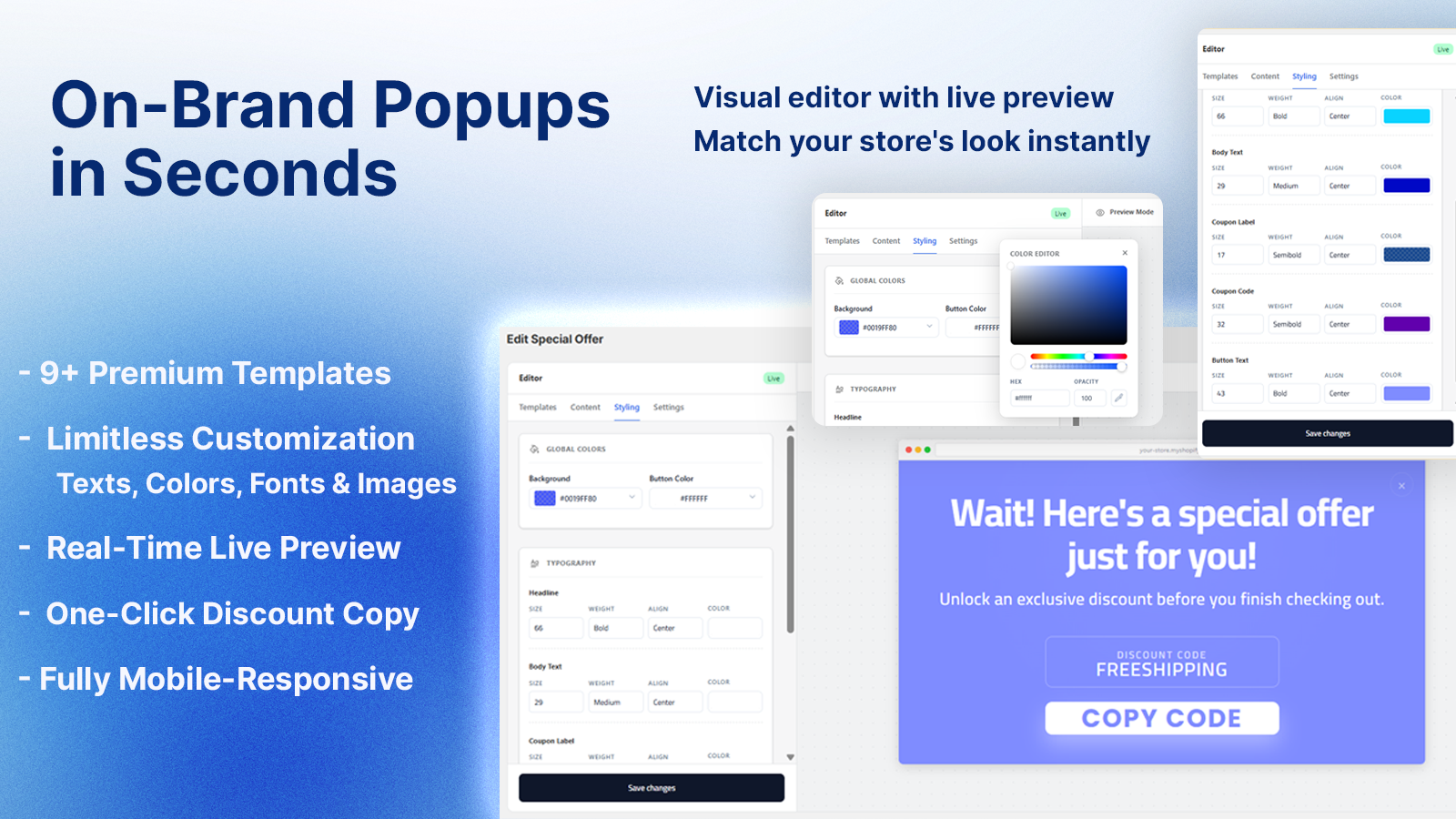 Visual popup editor for customizing colors, fonts, and images.