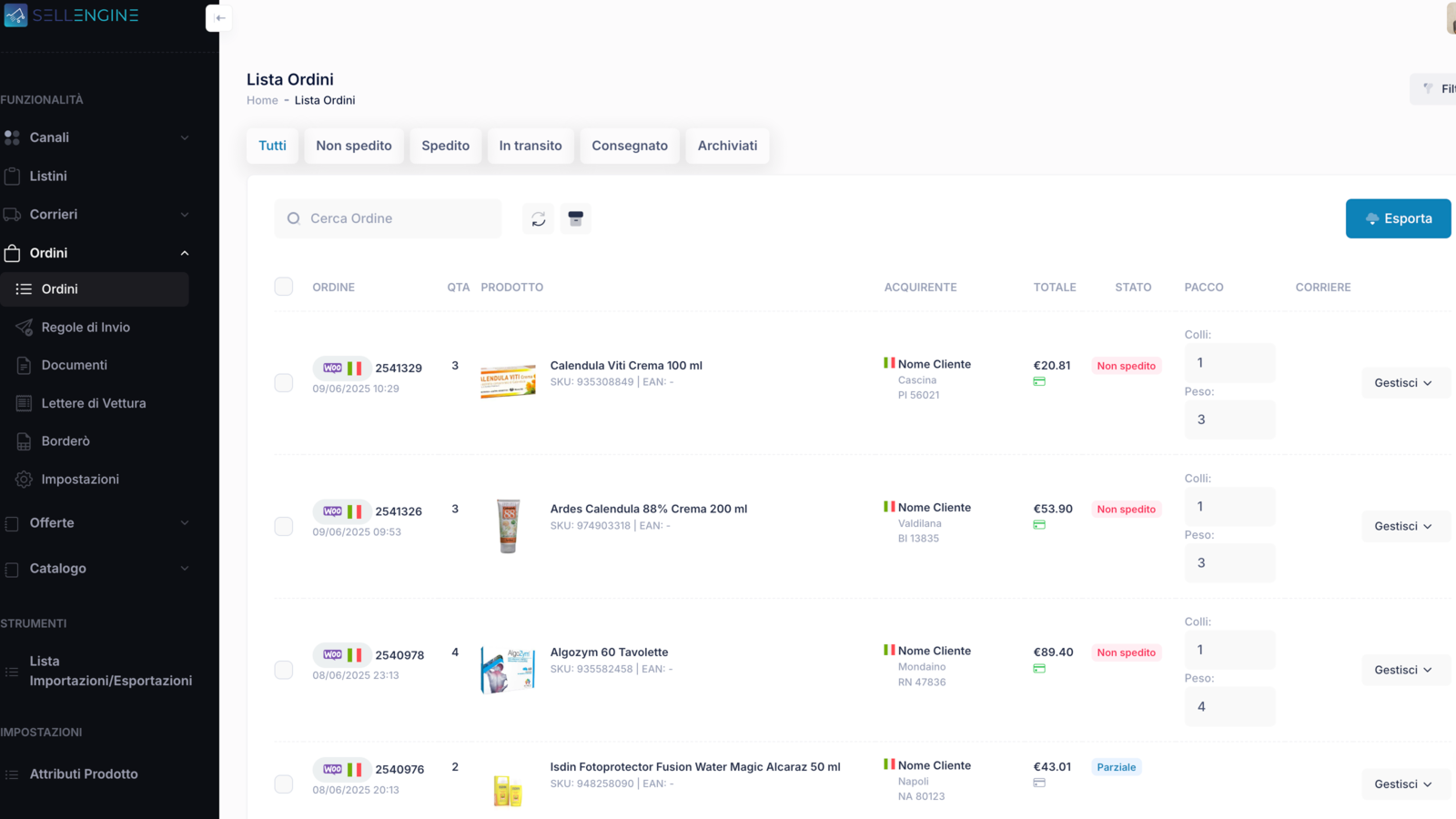 Lista degli ordini NON SPEDITI