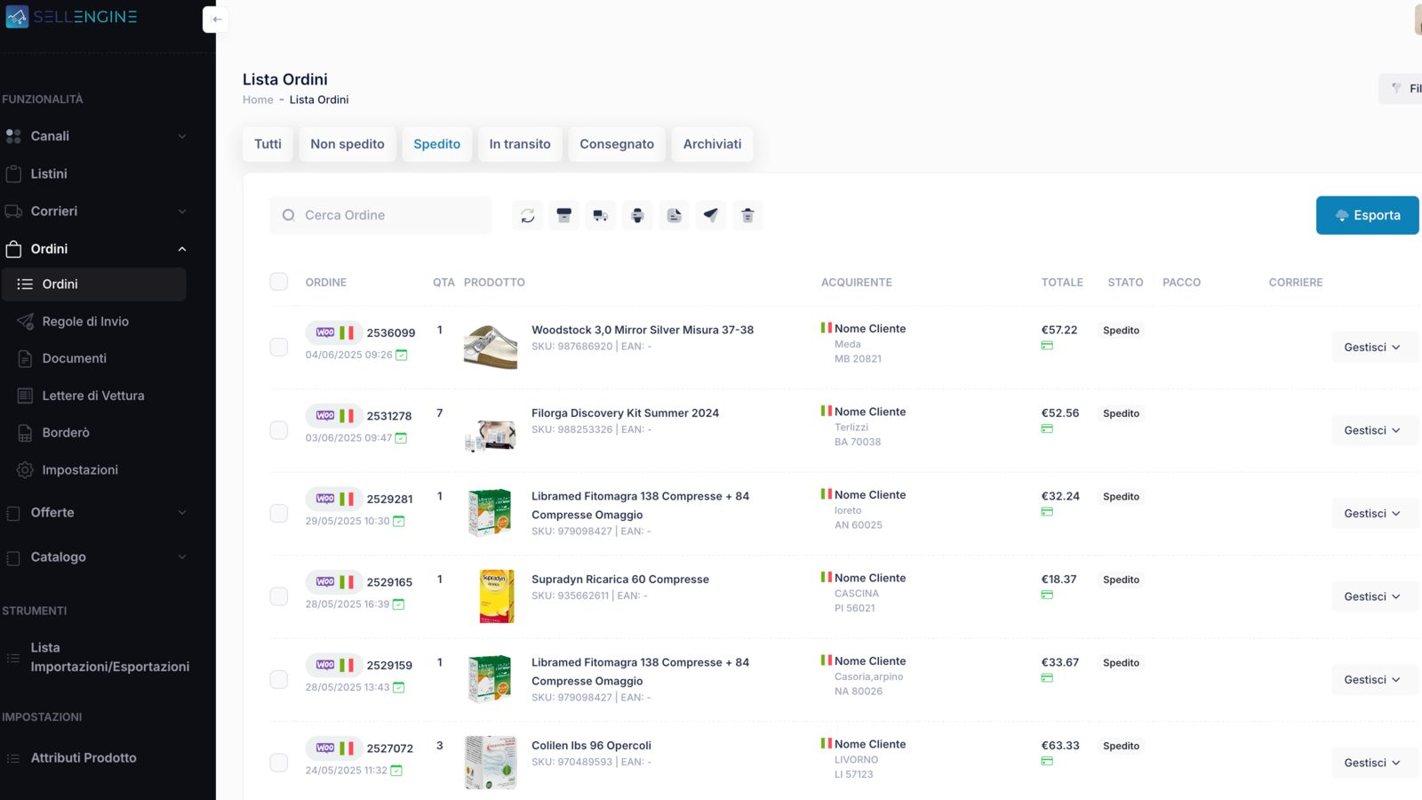 Lista degli ordini SPEDITI