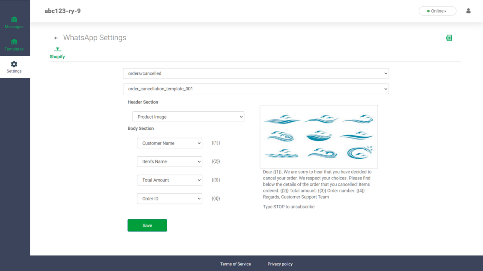 Shopify Events WhatsApp Template Mapping Page