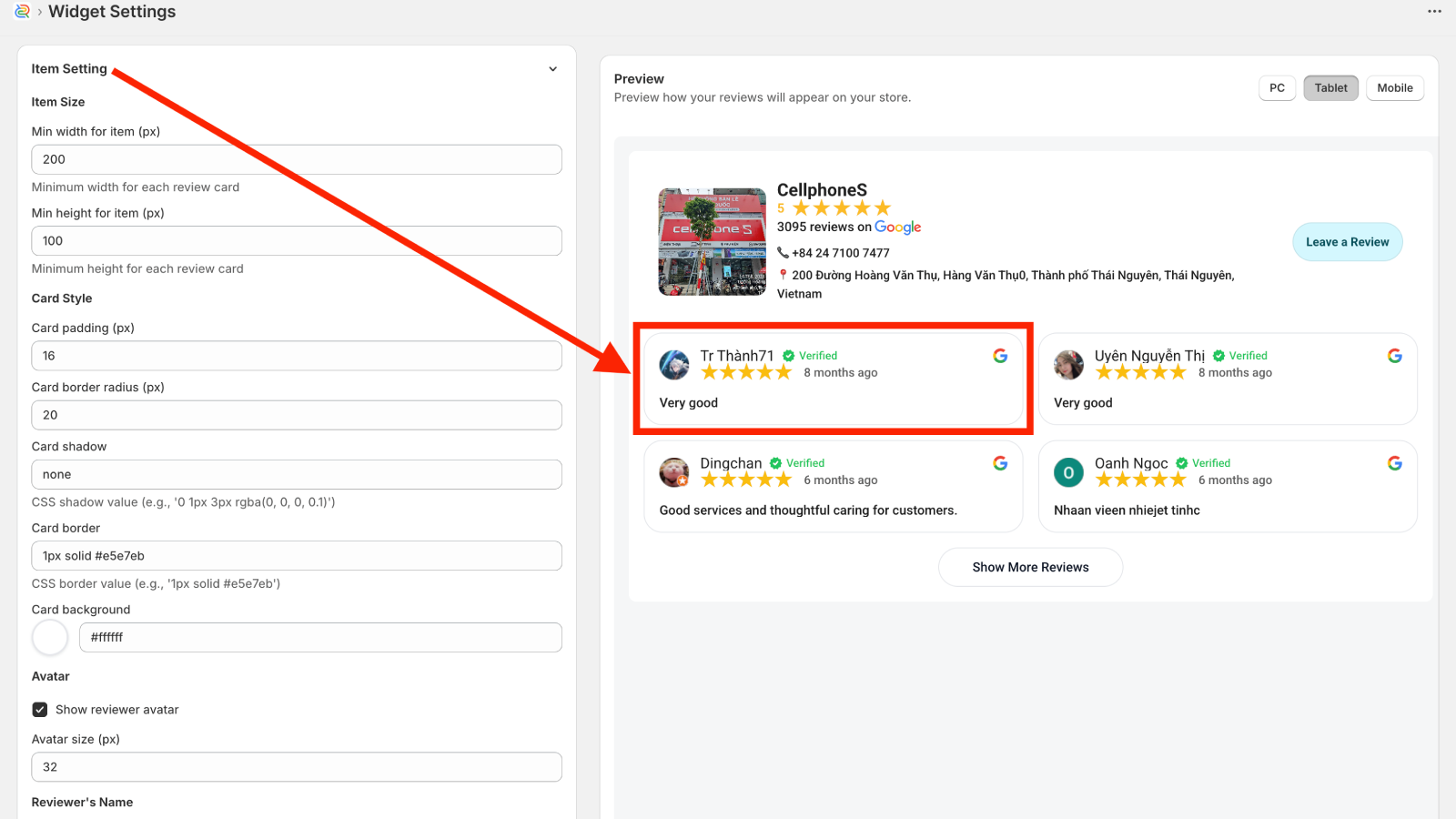 Google Reviews by Ryviu - Item settings