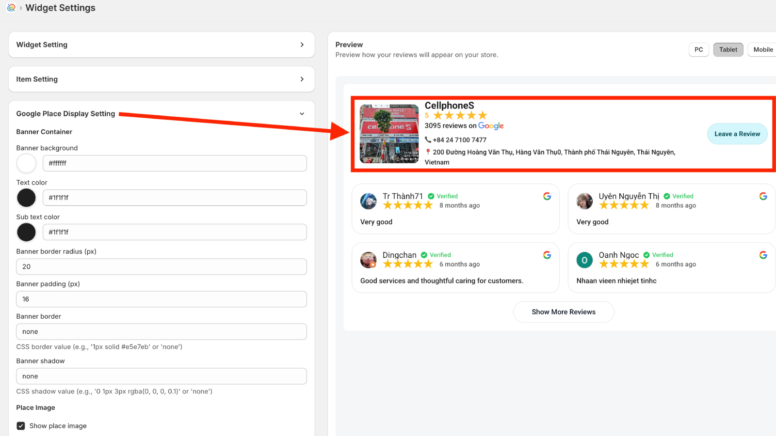Google Reviews by Ryviu - Place settings