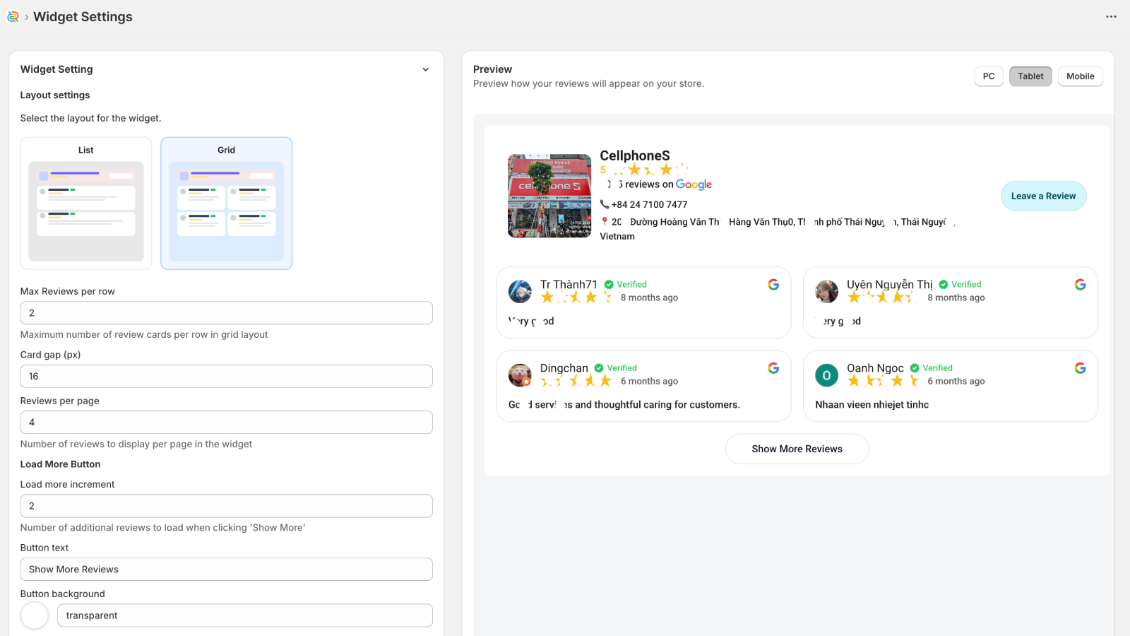 Google Reviews by Ryviu - Widget settings