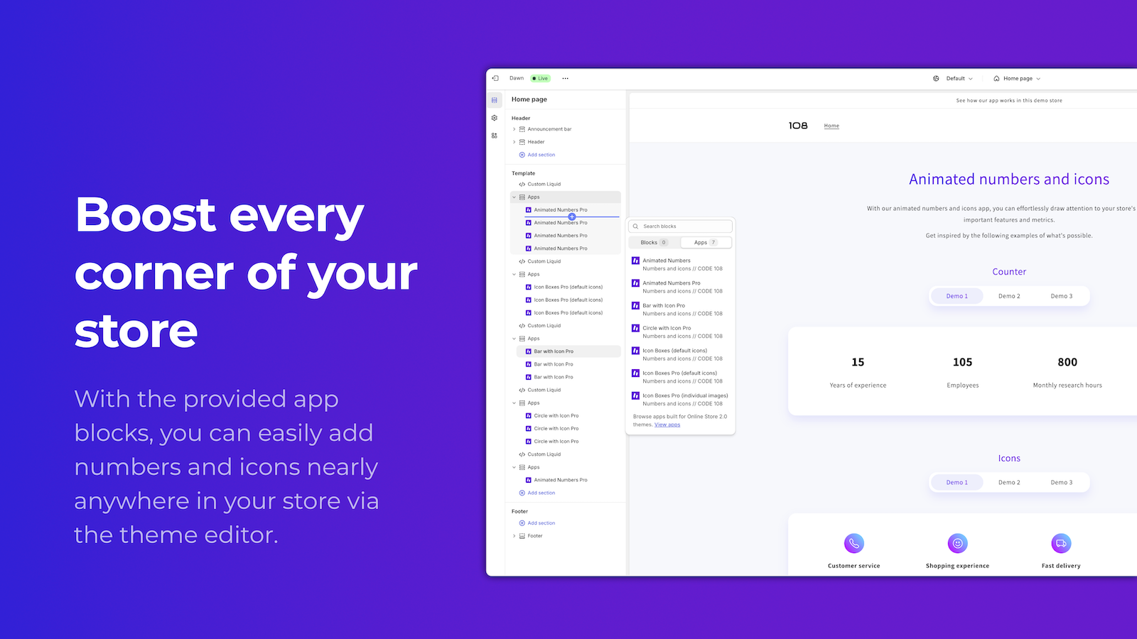 Add blocks of the app numbers and icons