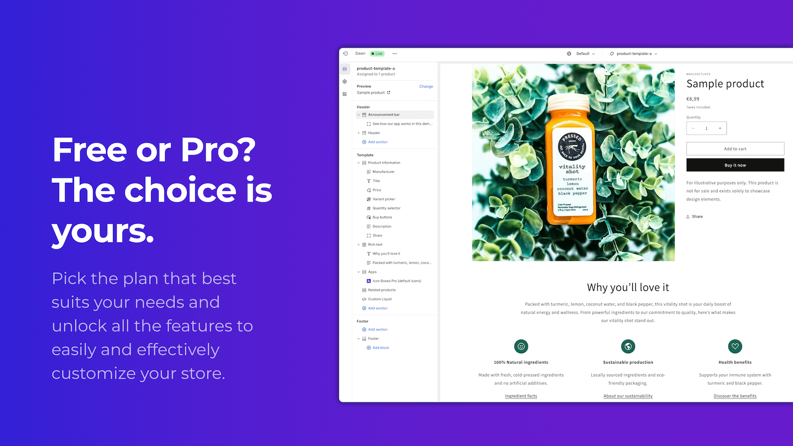 Icons in a product template available in Pro Plan