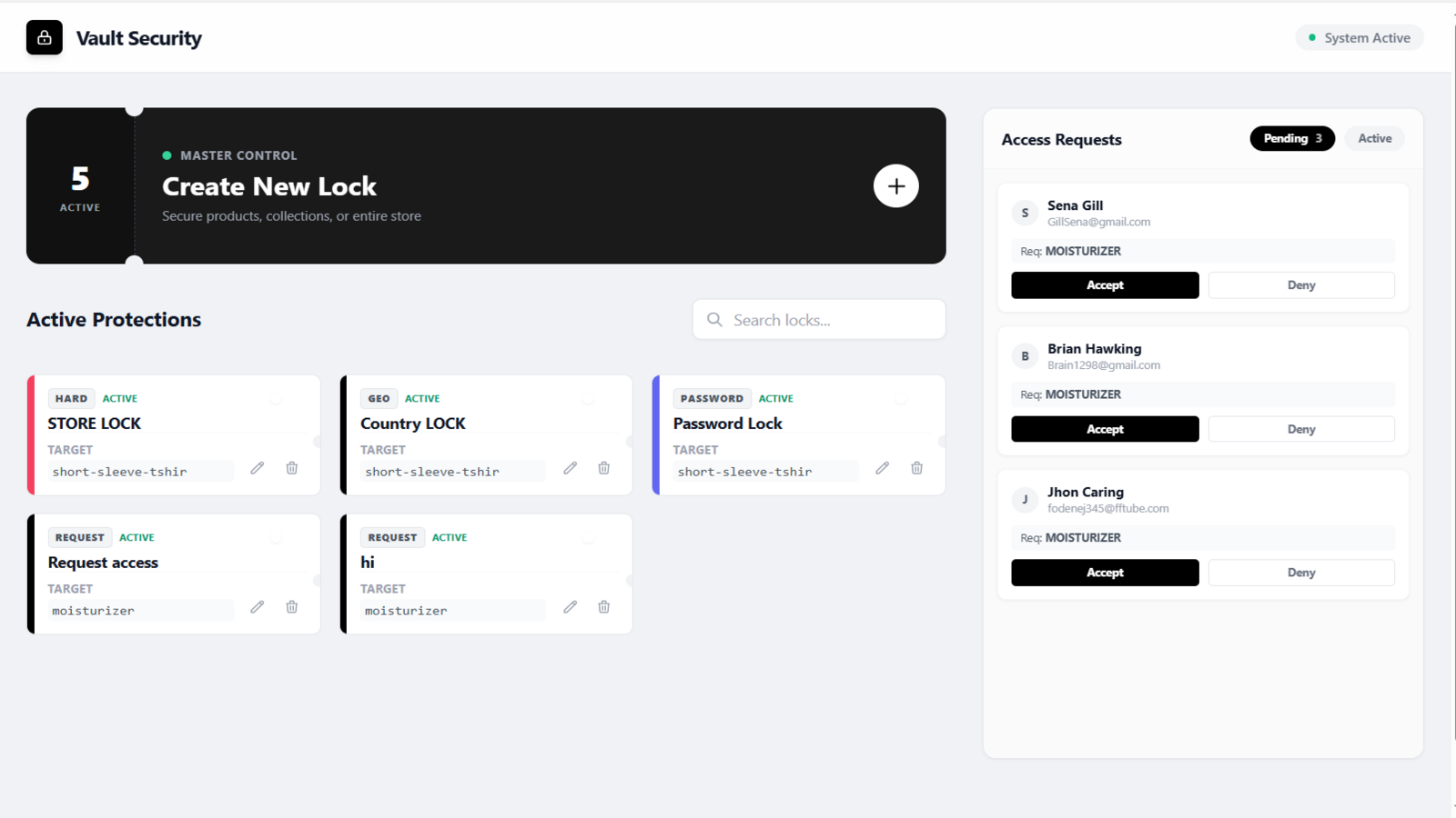 Dashboard Vault Guard - B2B Advanced lock 