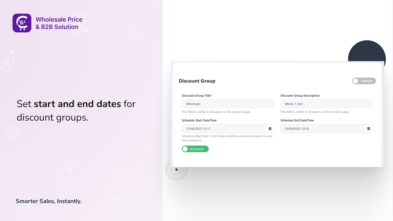Set start and end dates for wholesale discount groups