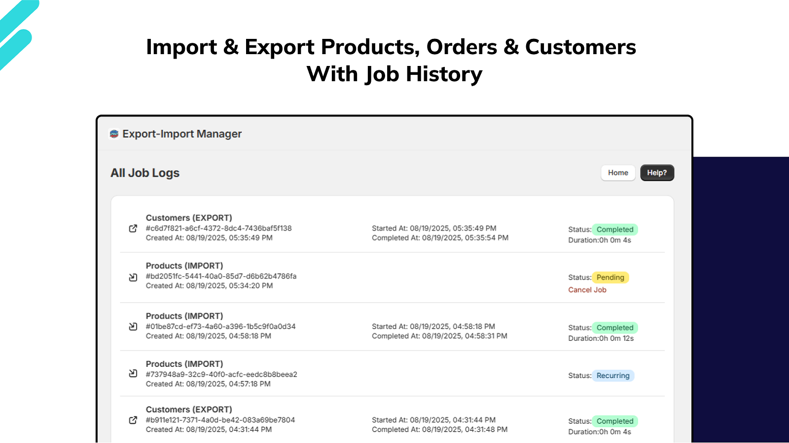 Import & Export Products, Orders & Customers with Job History