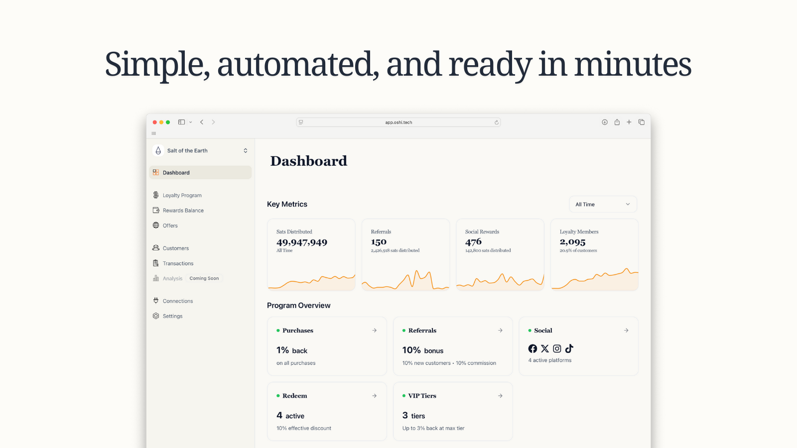 Oshi merchant dashboard displaying key loyalty metrics.