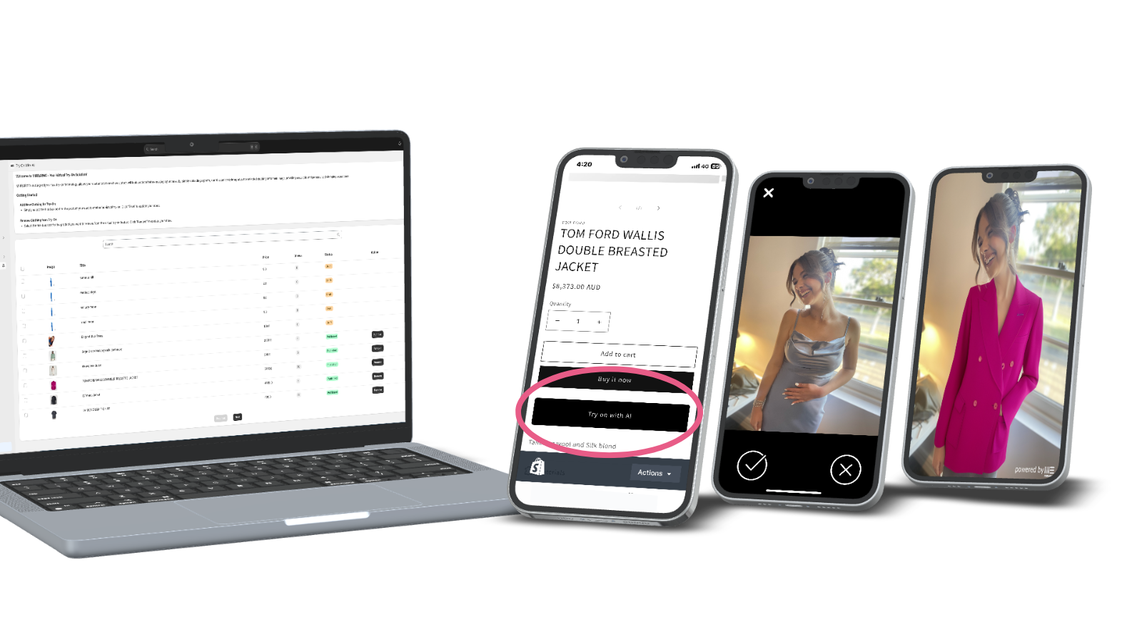 add product, TRY ON with AI, select photo, see result