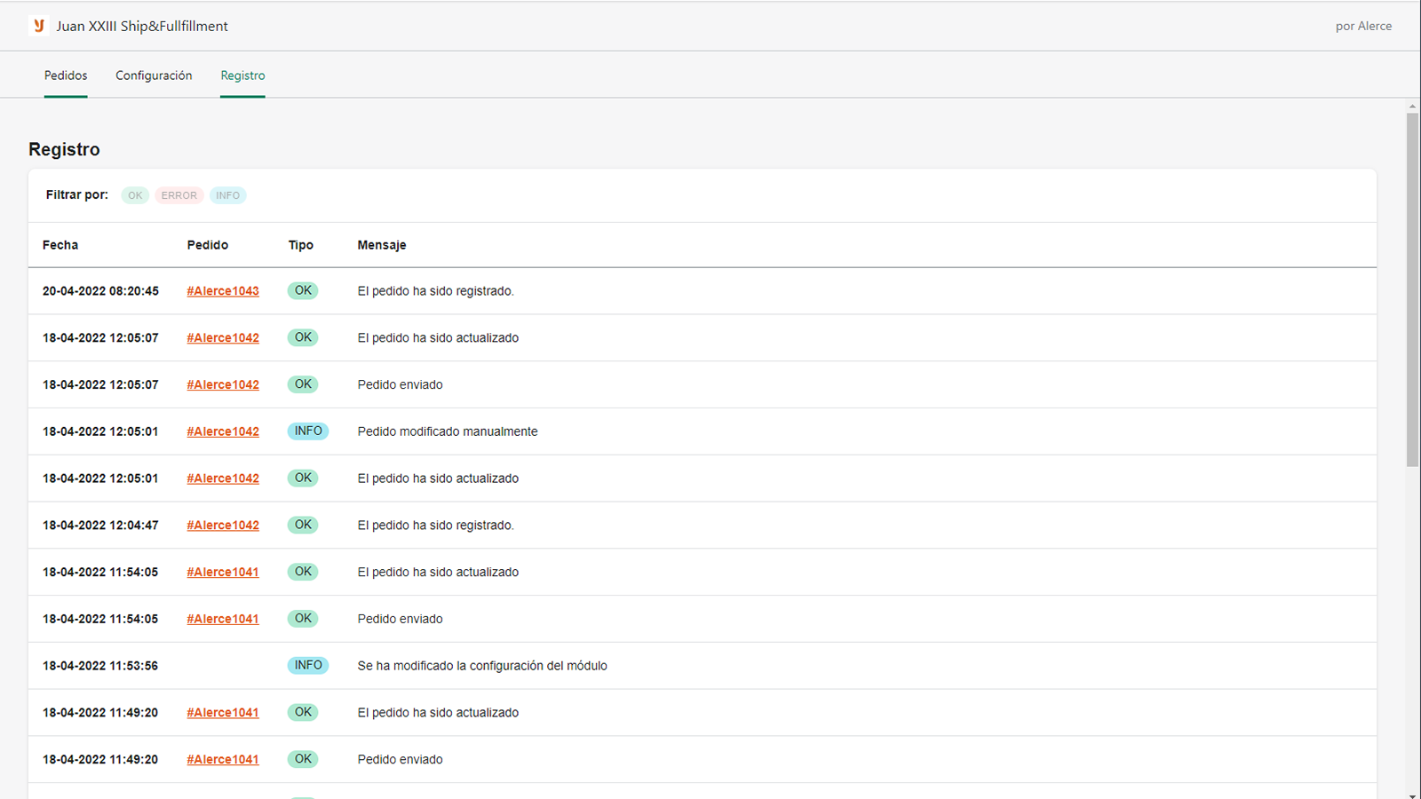 Registro de eventos en la aplicación