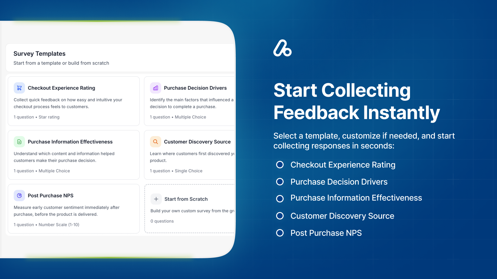 Survey templates available inside the app dashboard