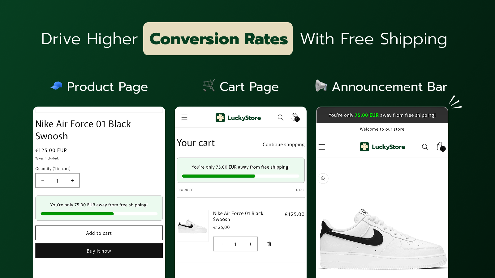 product page, cart page, announcement bar AOV booster bar