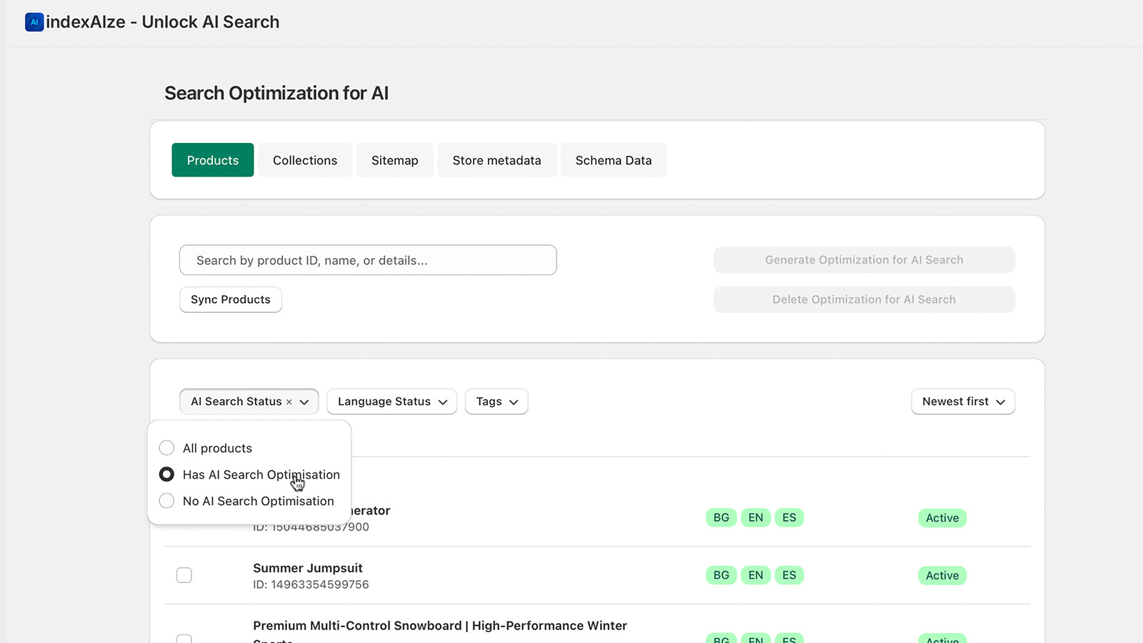 AI search optimization of products in multiple languages