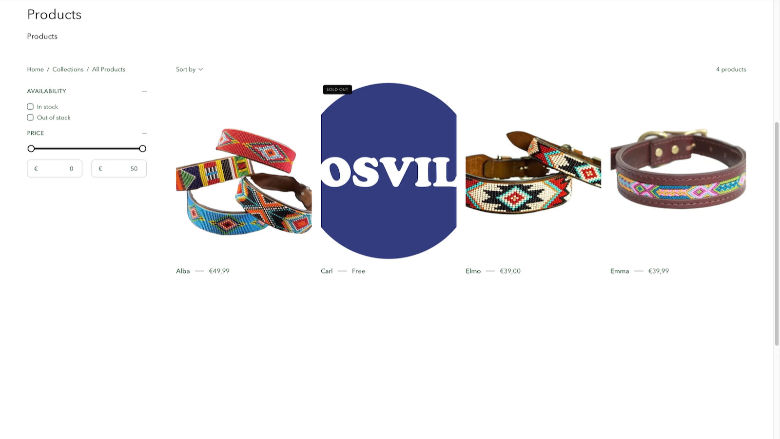 Storefront view showing out-of-stock item displayed