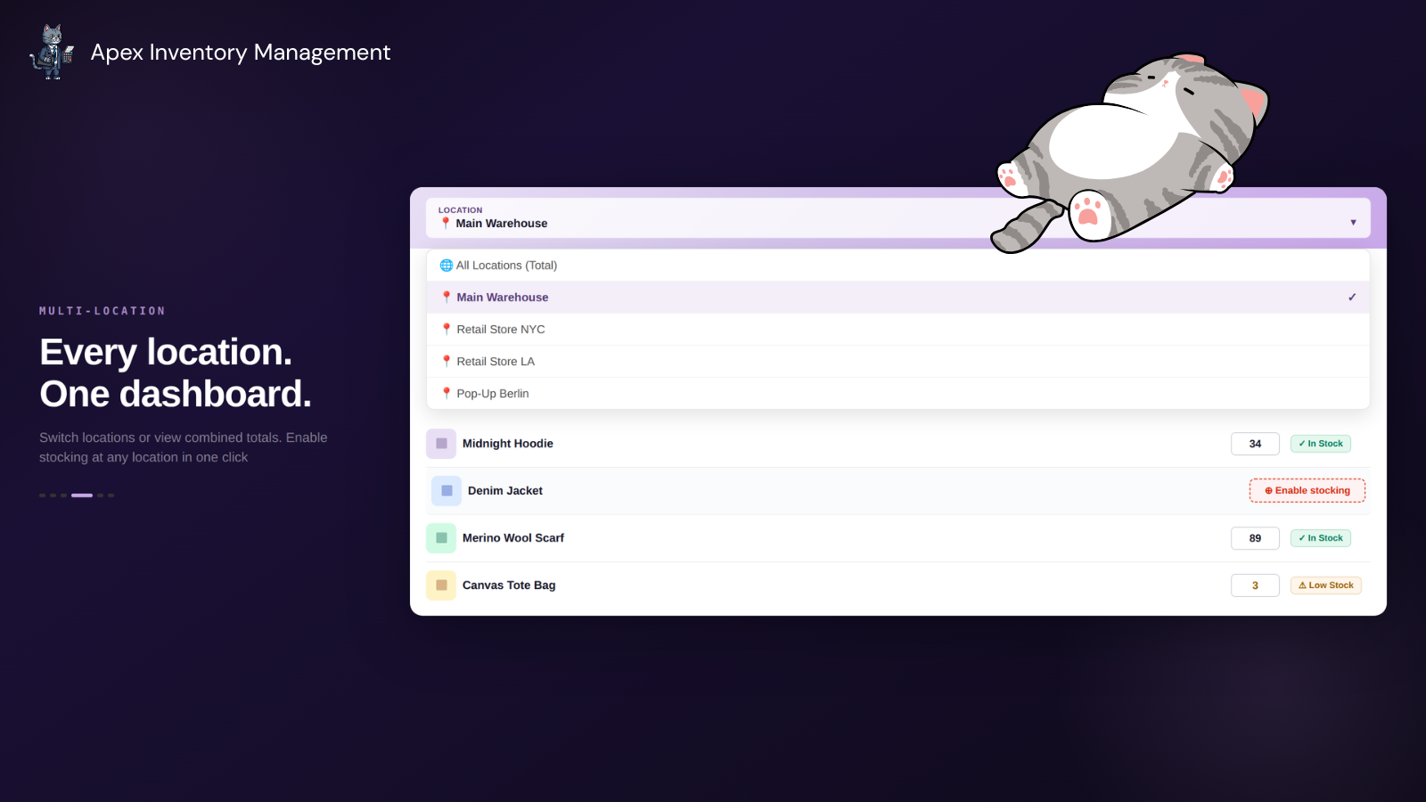 Multi-Location — location picker + "enable stocking" indicator