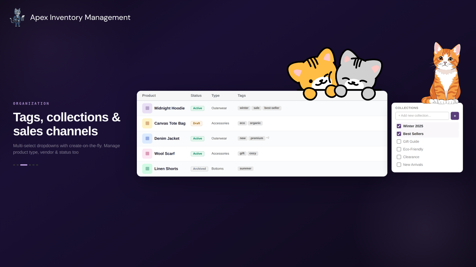 Product Organization — tags/status/type table + collections drop