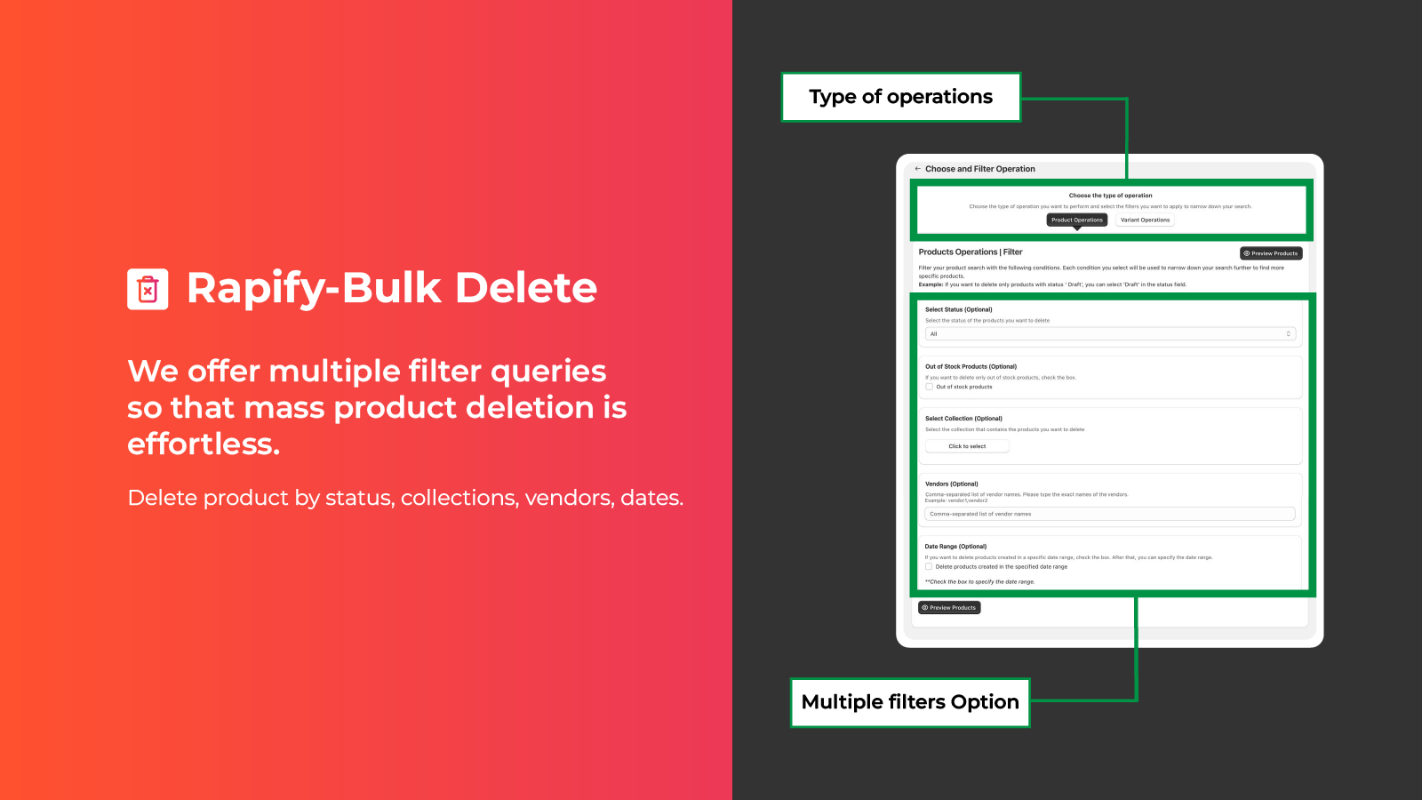 Delete products based on collection, variant, stock