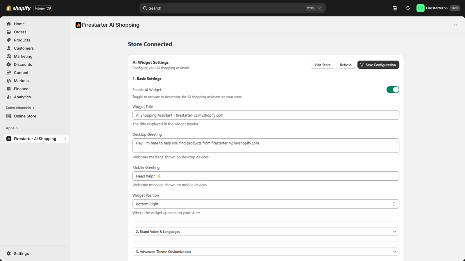 Shopify admin view showing AI shopping widget settings