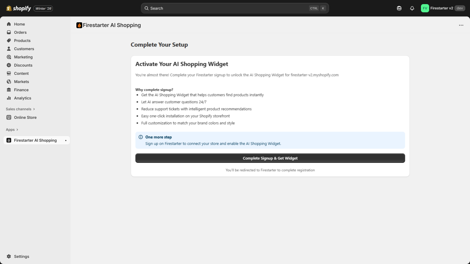 Complete setup screen for AI shopping widget