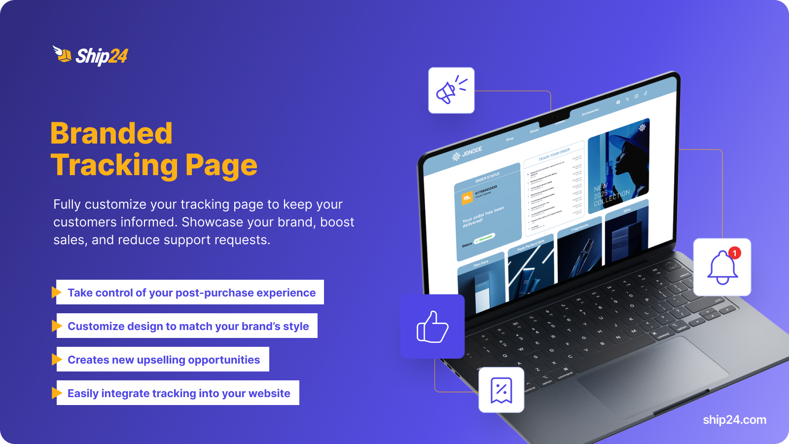 Ship24 branded tracking page feature screenshot and description