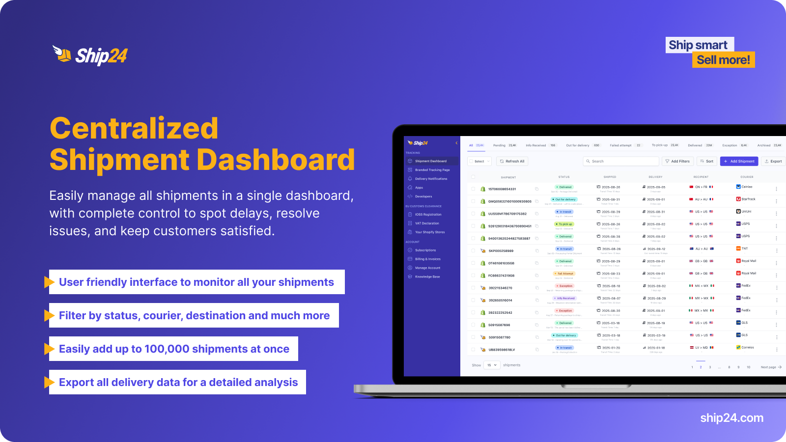 Ship24 shipment dashboard feature screenshot and description