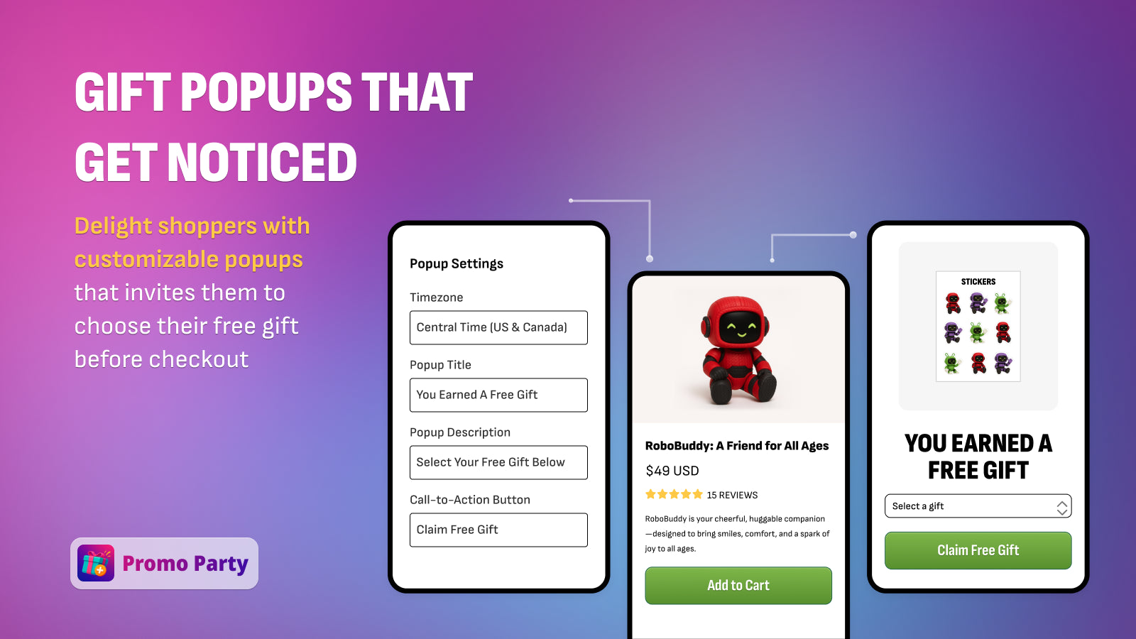 Free gift pop up settings to product page to free gift selection