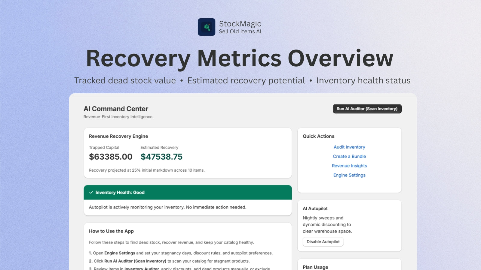 Dashboard showing dead stock value and recovery metrics