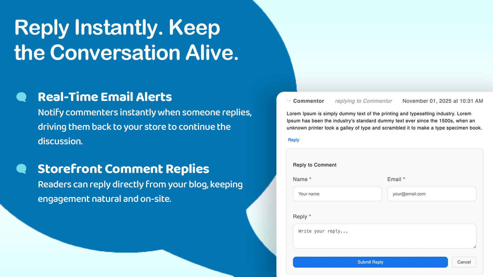 Blog comment replies with instant email notifications on Shopify