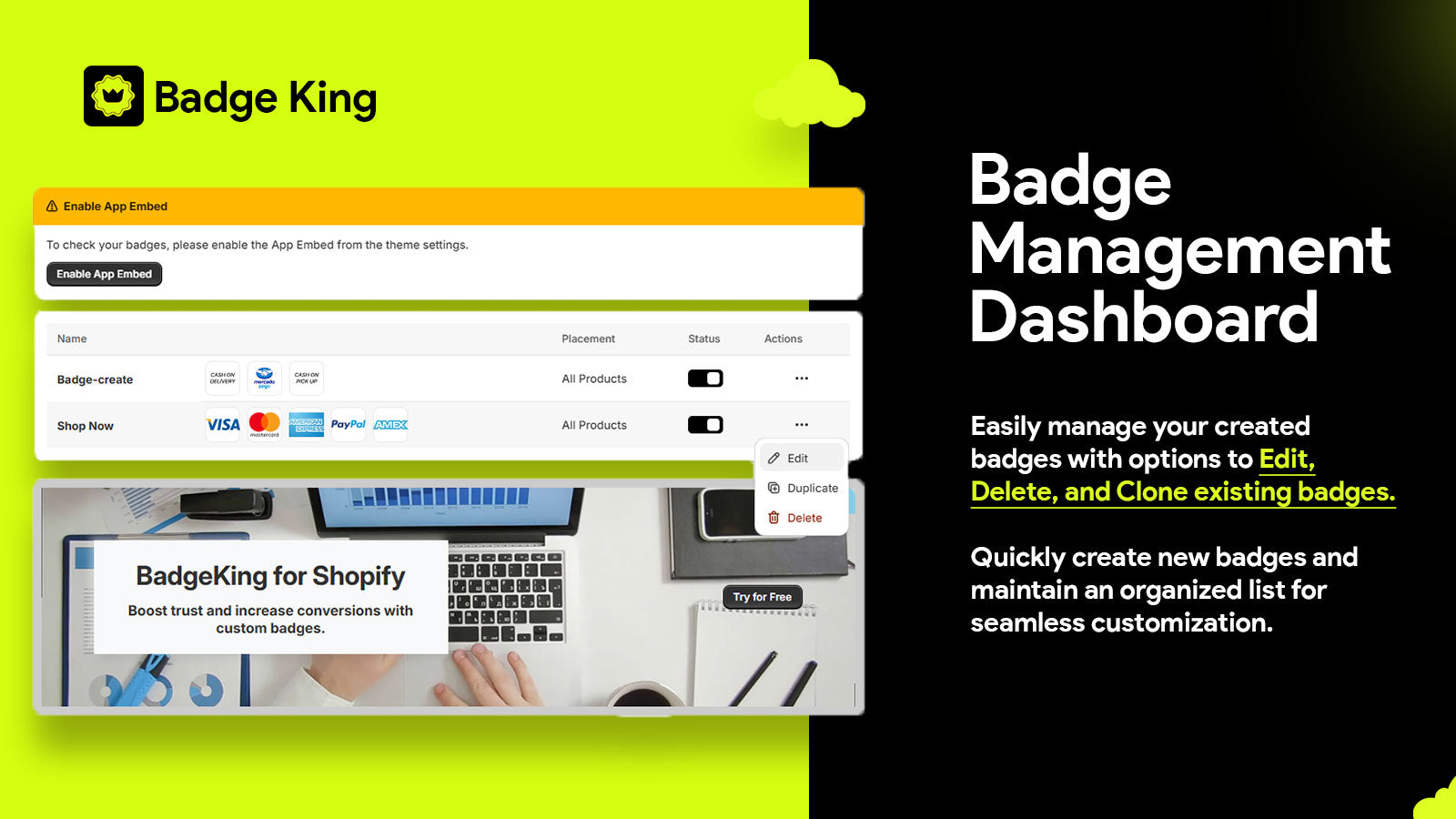 Manage, edit, delete, and clone badges from one dashboard