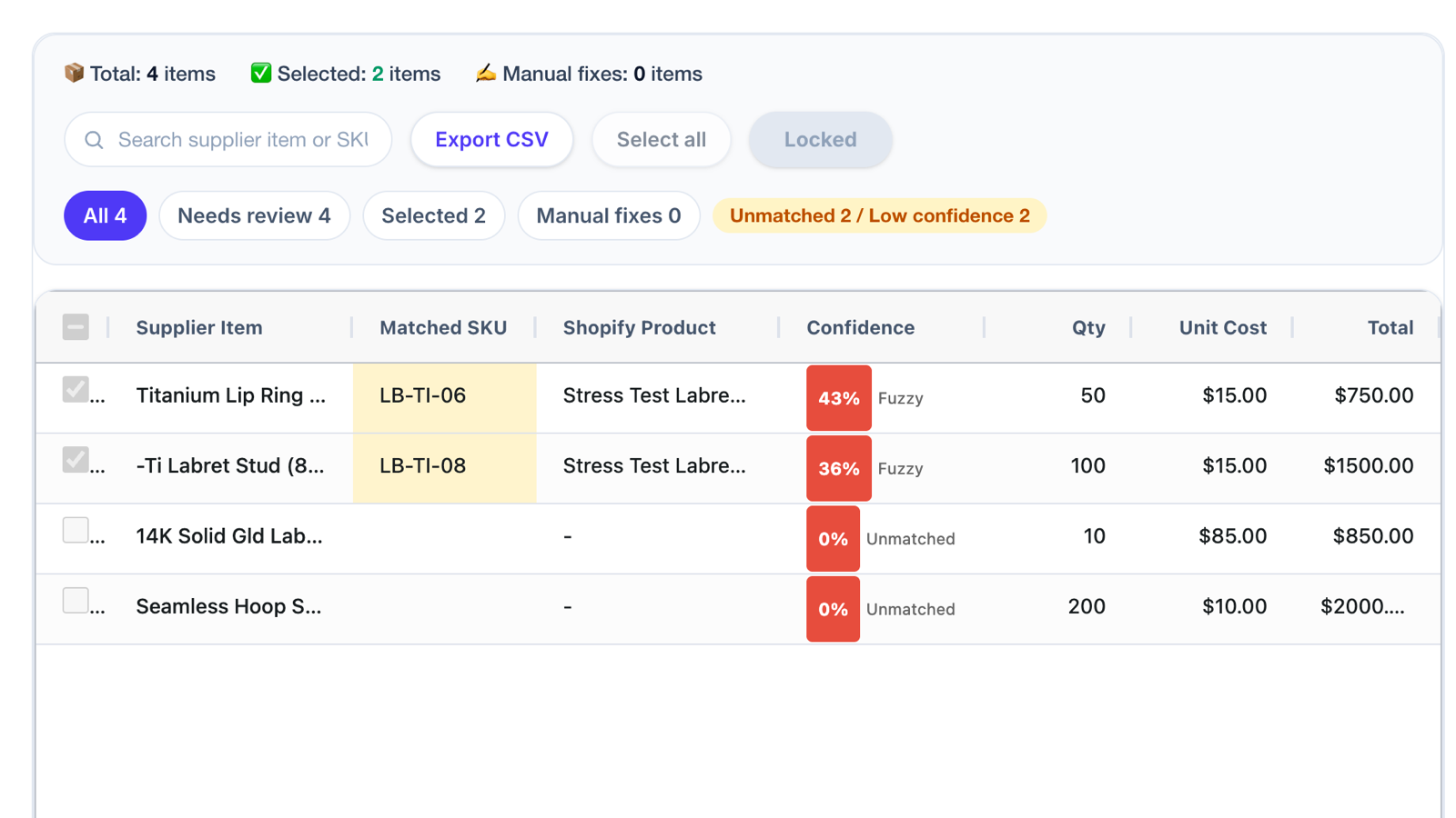 Review matched invoice items