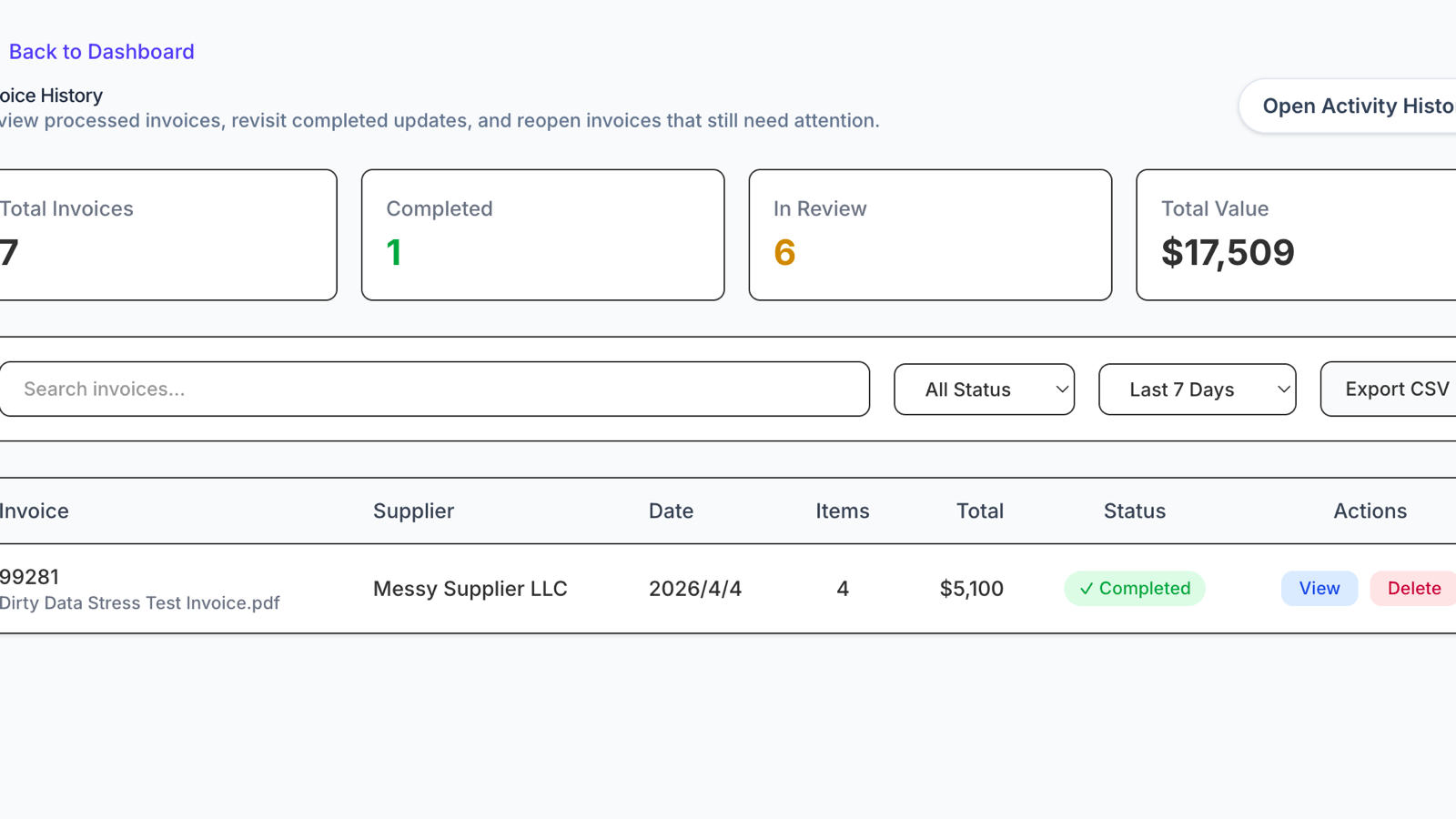 Invoice history and sync activity