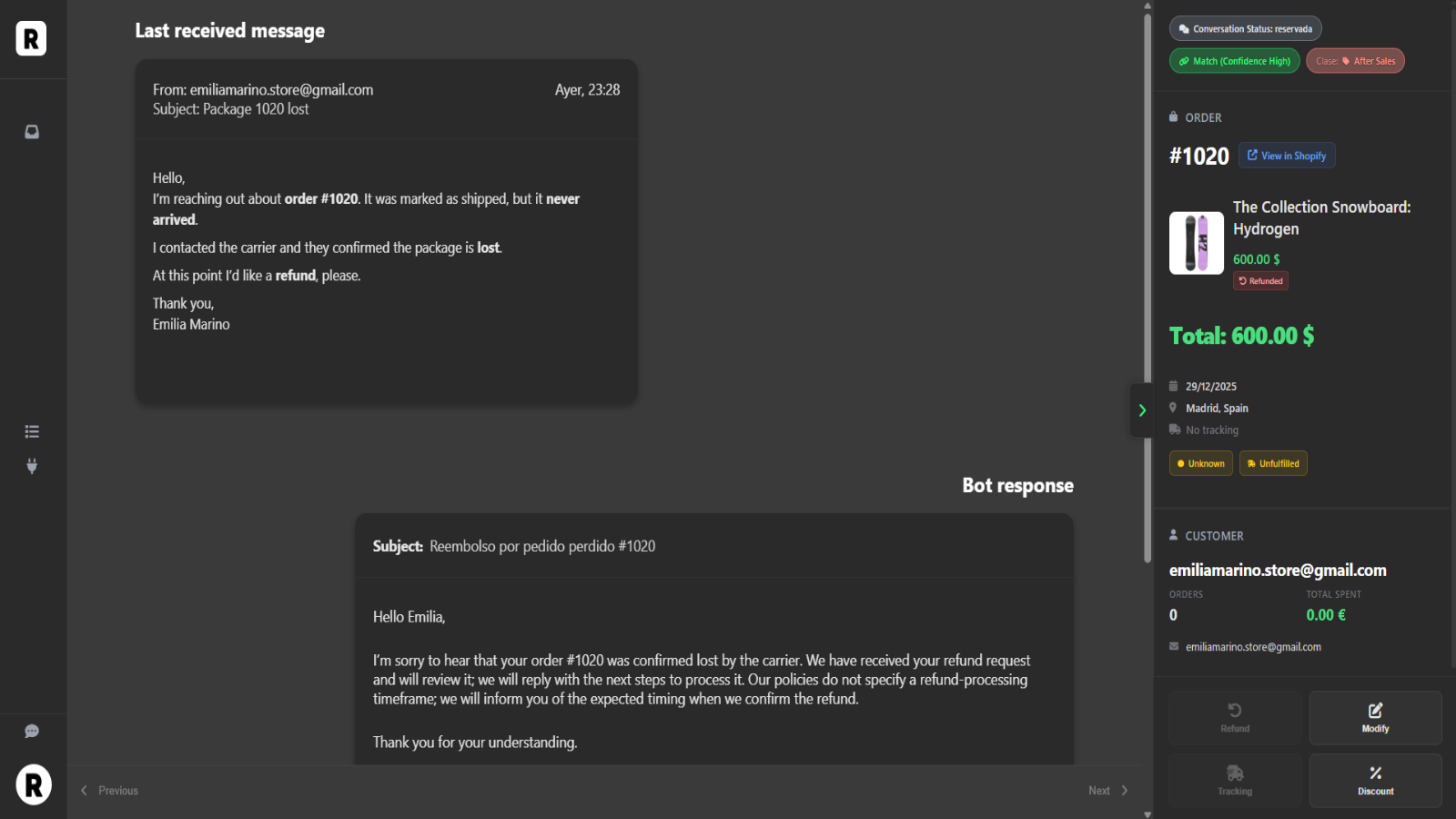 Contexto del pedido y respuesta con IA en una sola vista