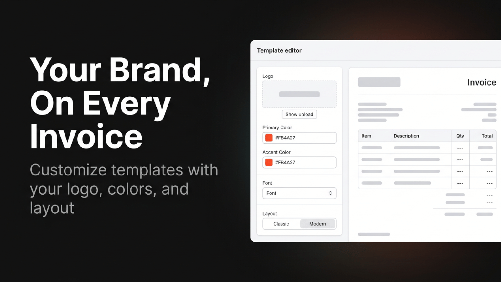 Invoice template customization editor
