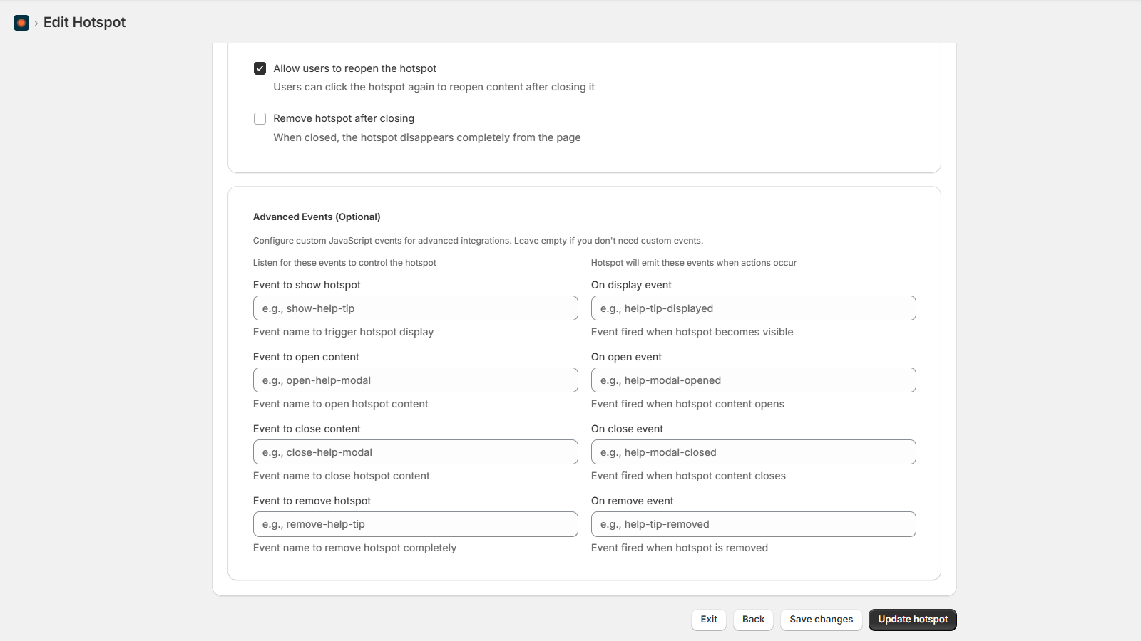Behavior configuration with behavior settings and events