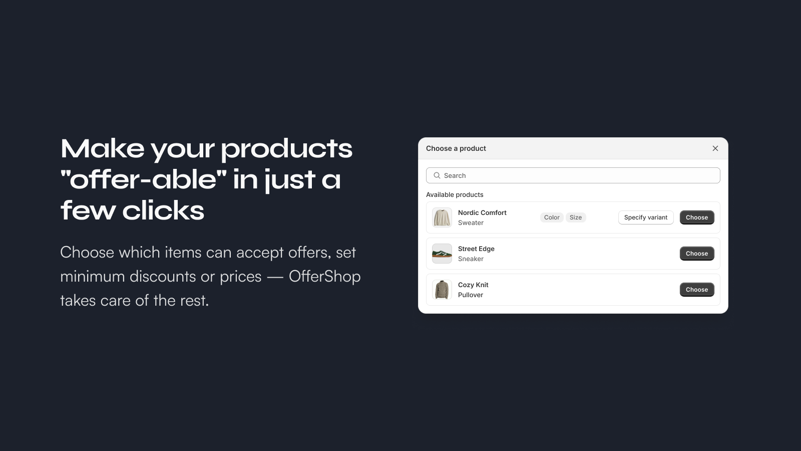 Modal for chosing a product to add a price offer as a merchant