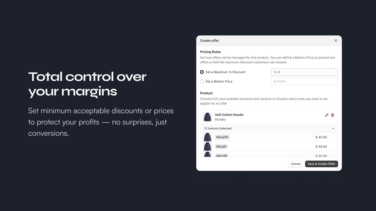 Modal for setting up a fixed or percentage-based price offer
