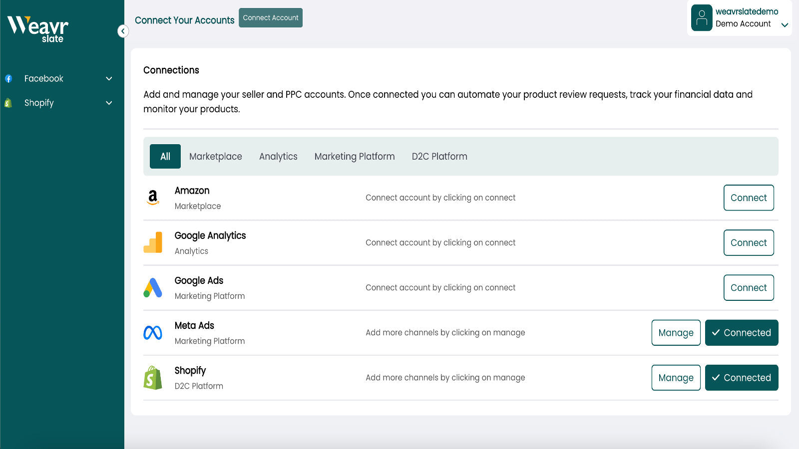 Connect account page displays all connected platforms.