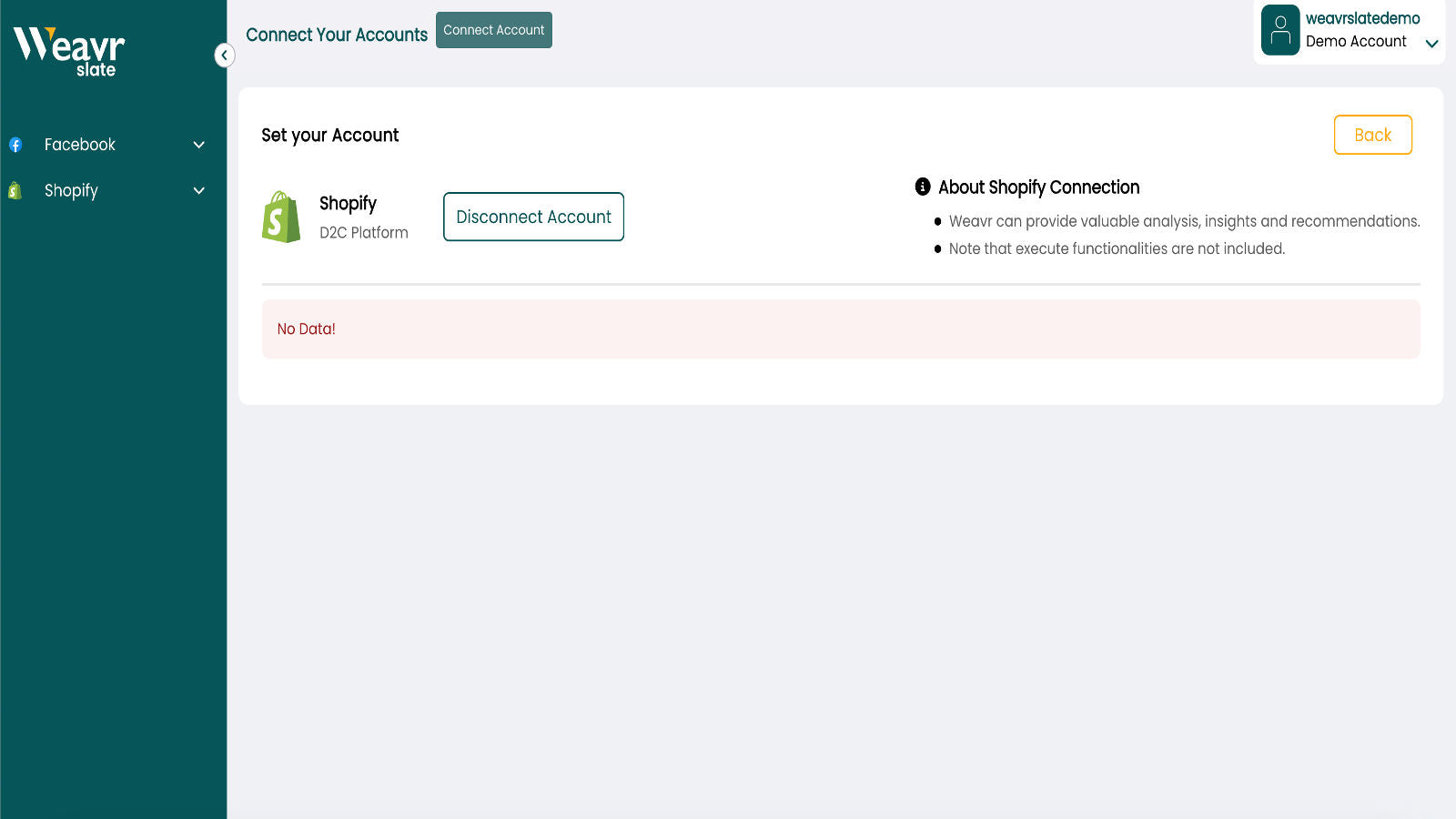 Page to disconnect a connected Shopify account.
