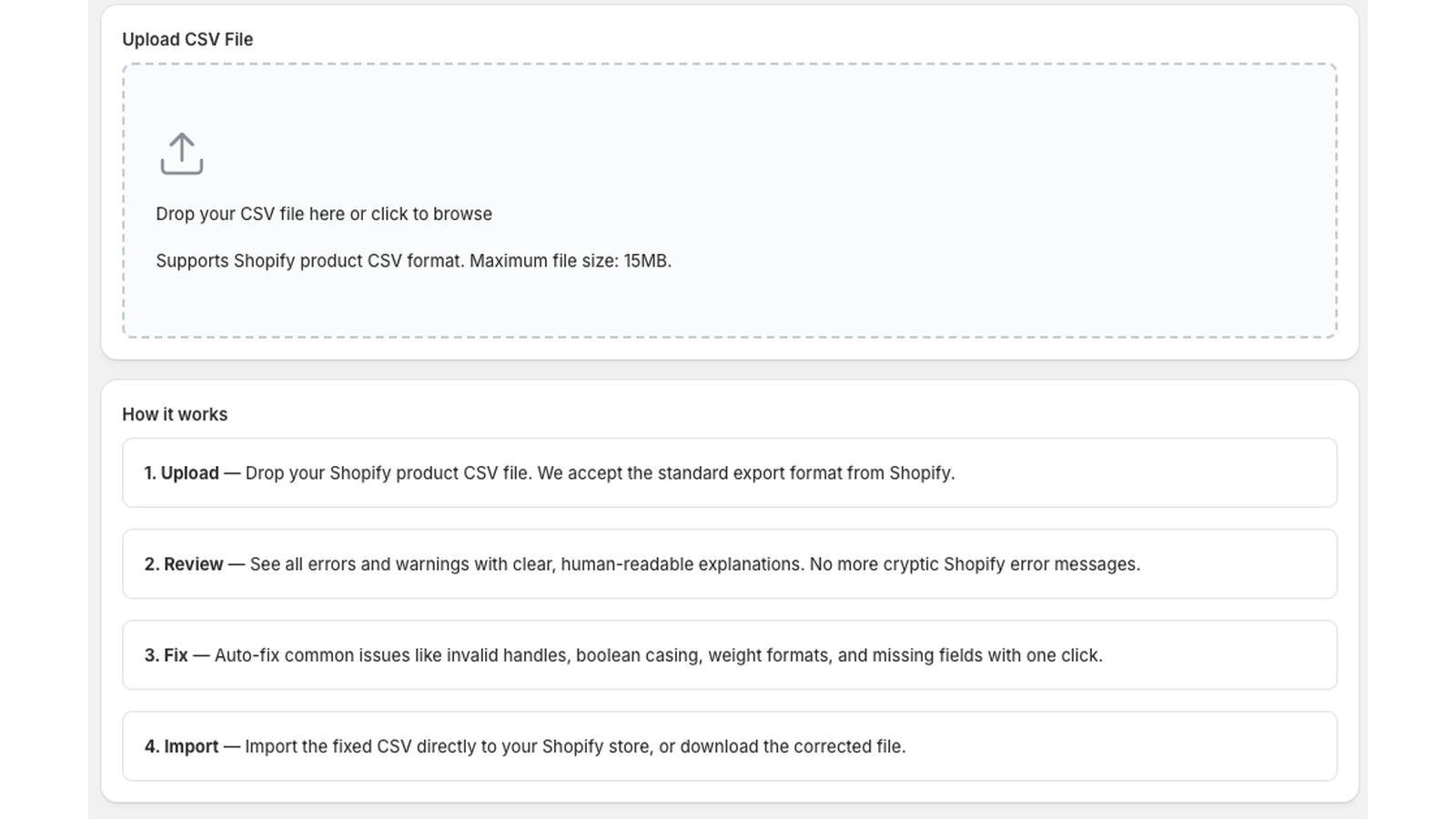 CSV Product Fixer upload page with drag-and-drop file upload and