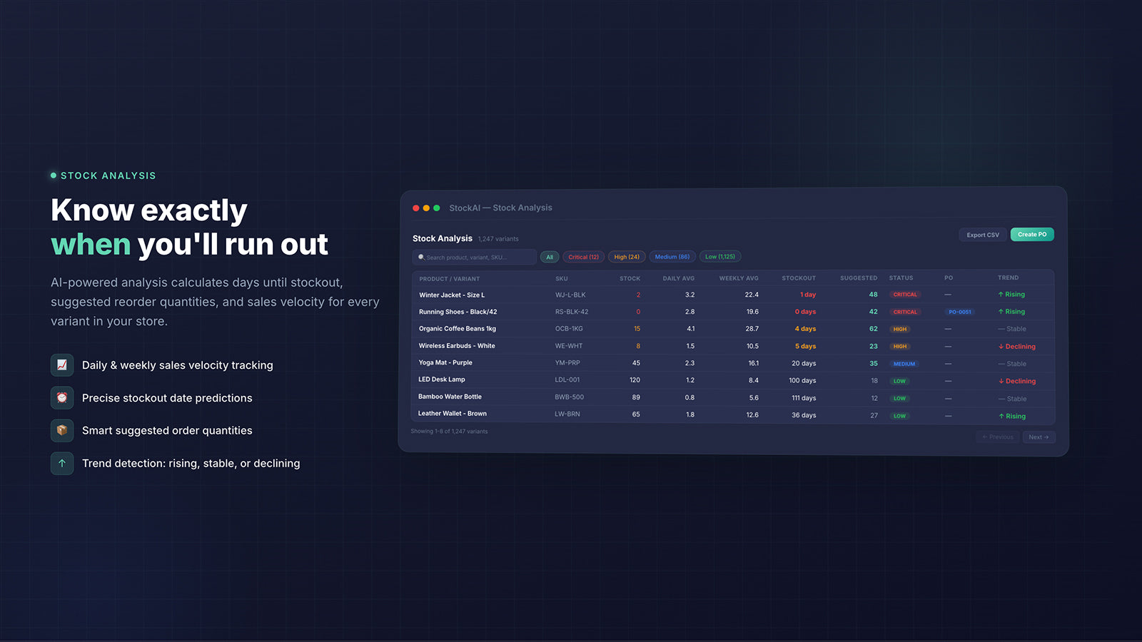 Stock analysis table with stockout predictions and trends 