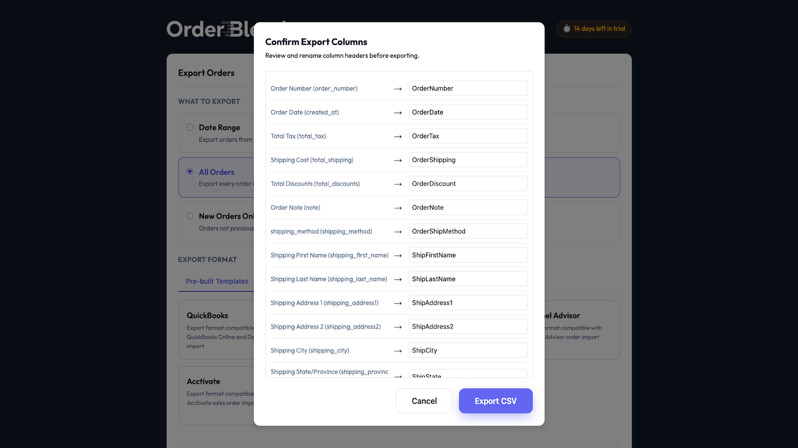 Order Blender Export Orders Screen