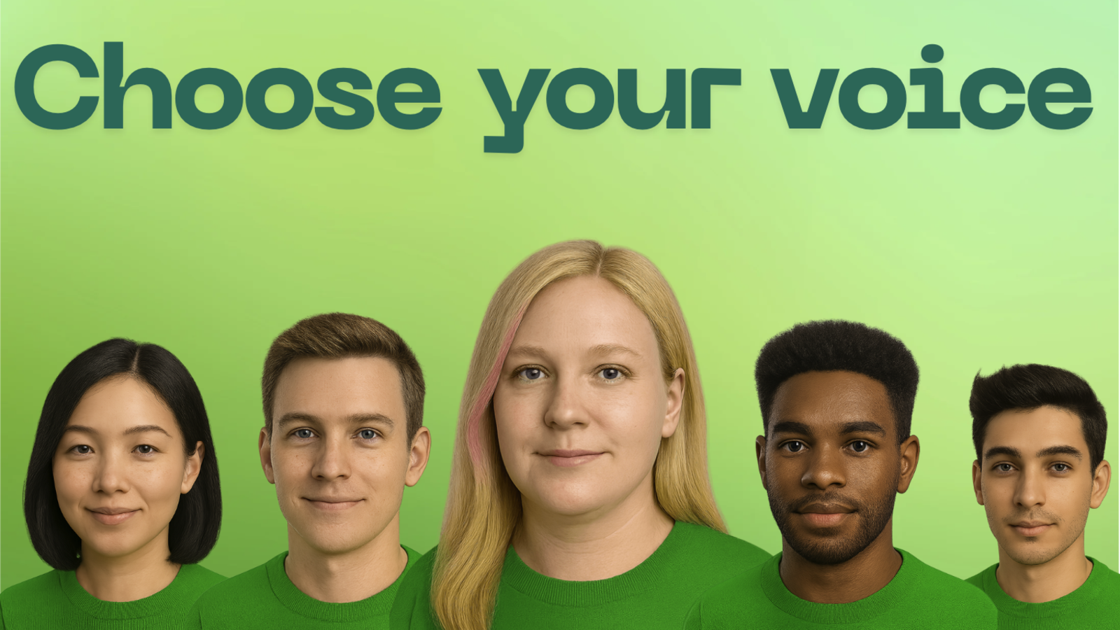 Row of diverse AI avatars under title choose your voice