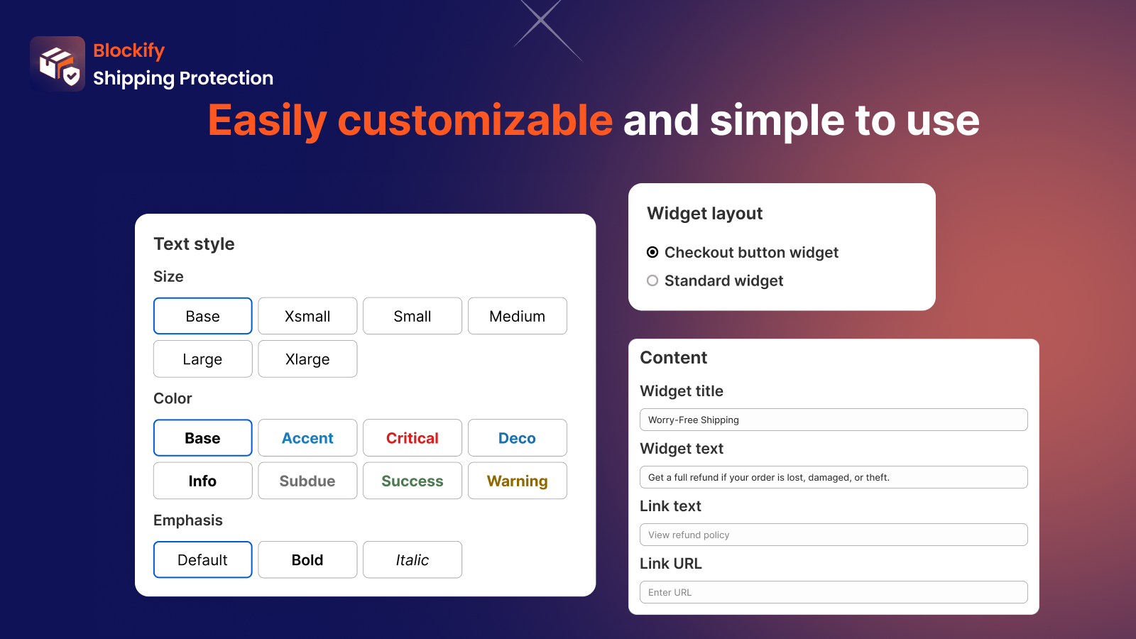Customizable shipping protection widget style and layout