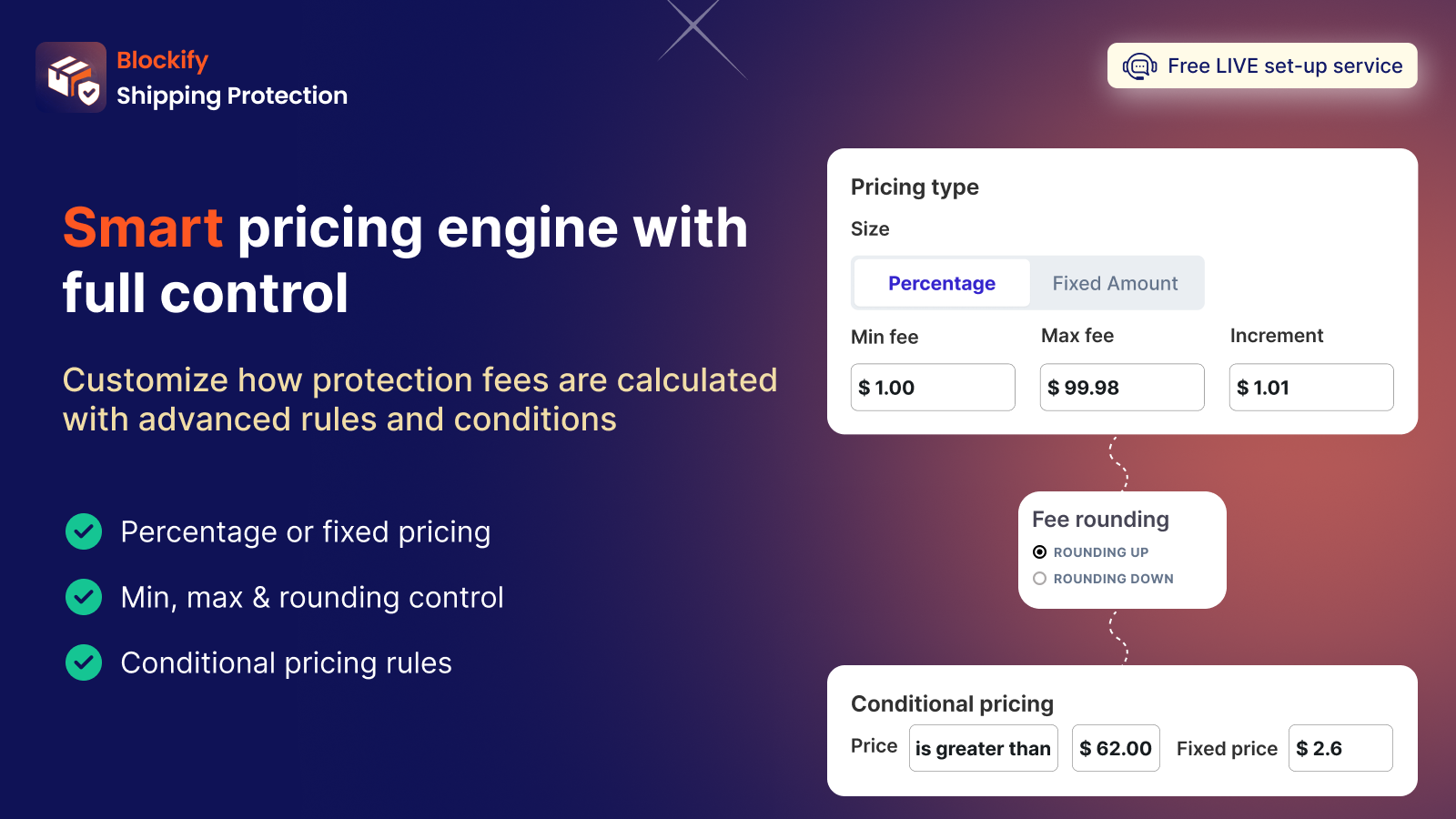 Smart shipping protection pricing with min max fee rules