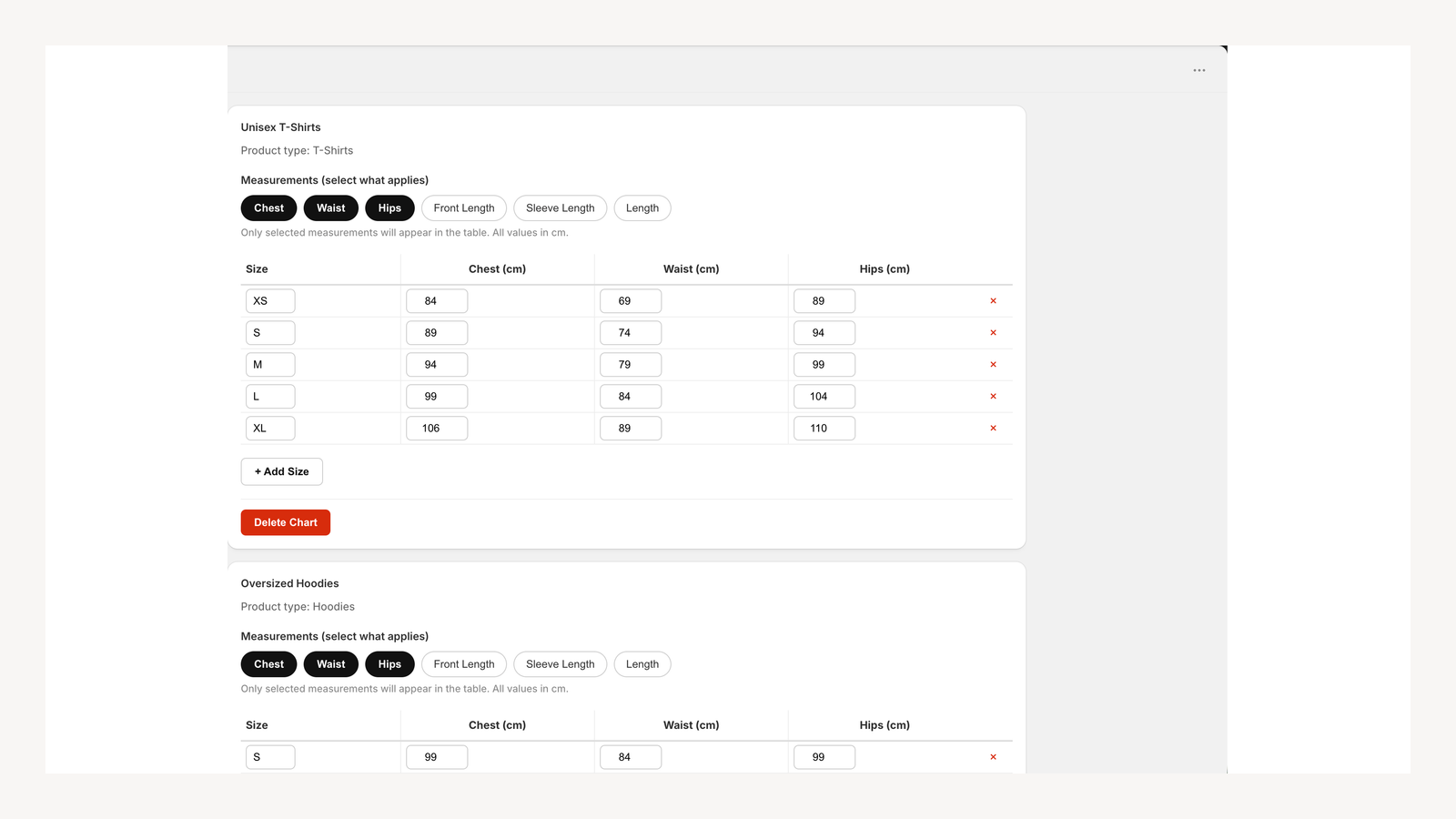 Configure size charts per product type from the admin