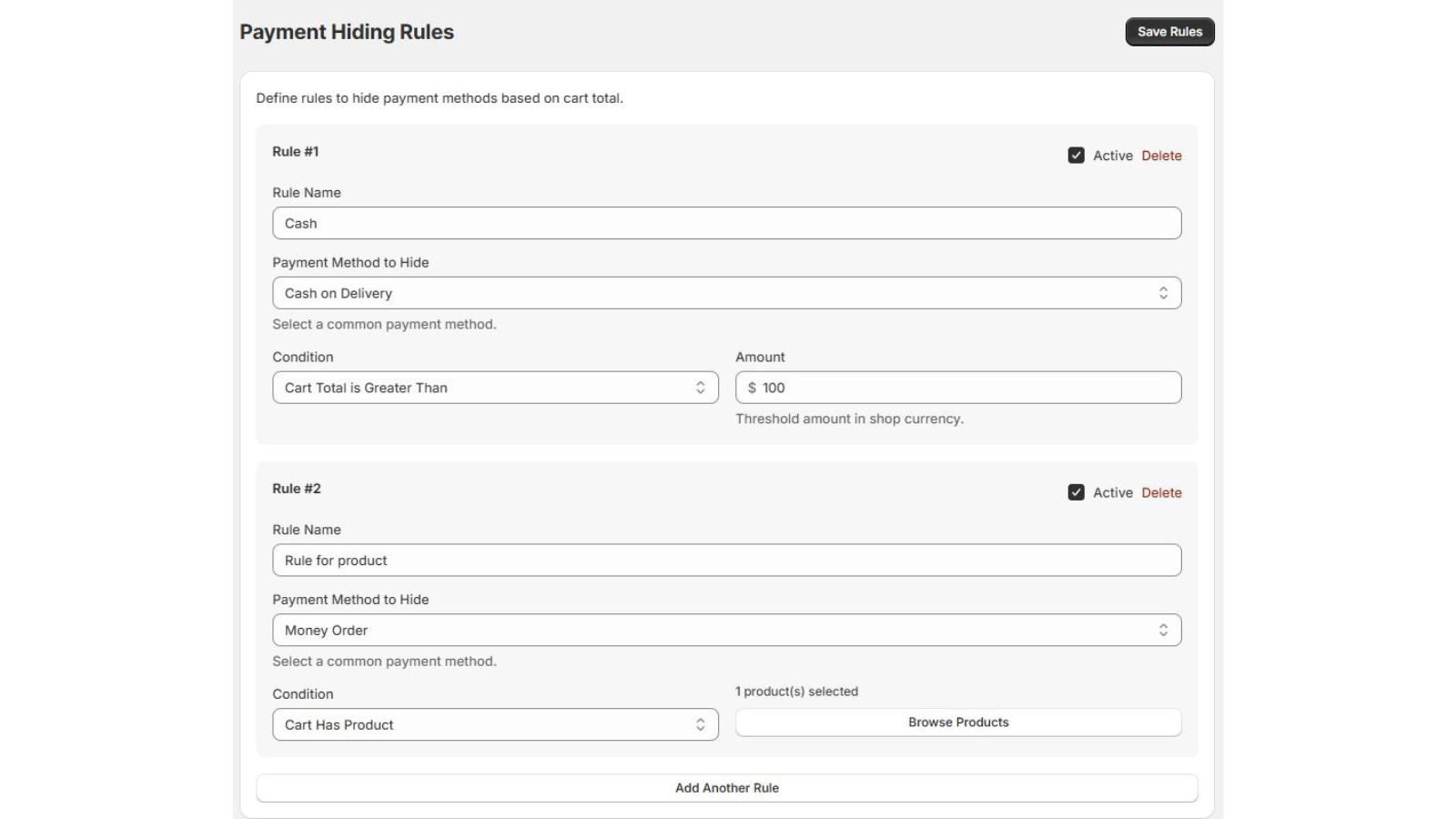 Payment rules options.